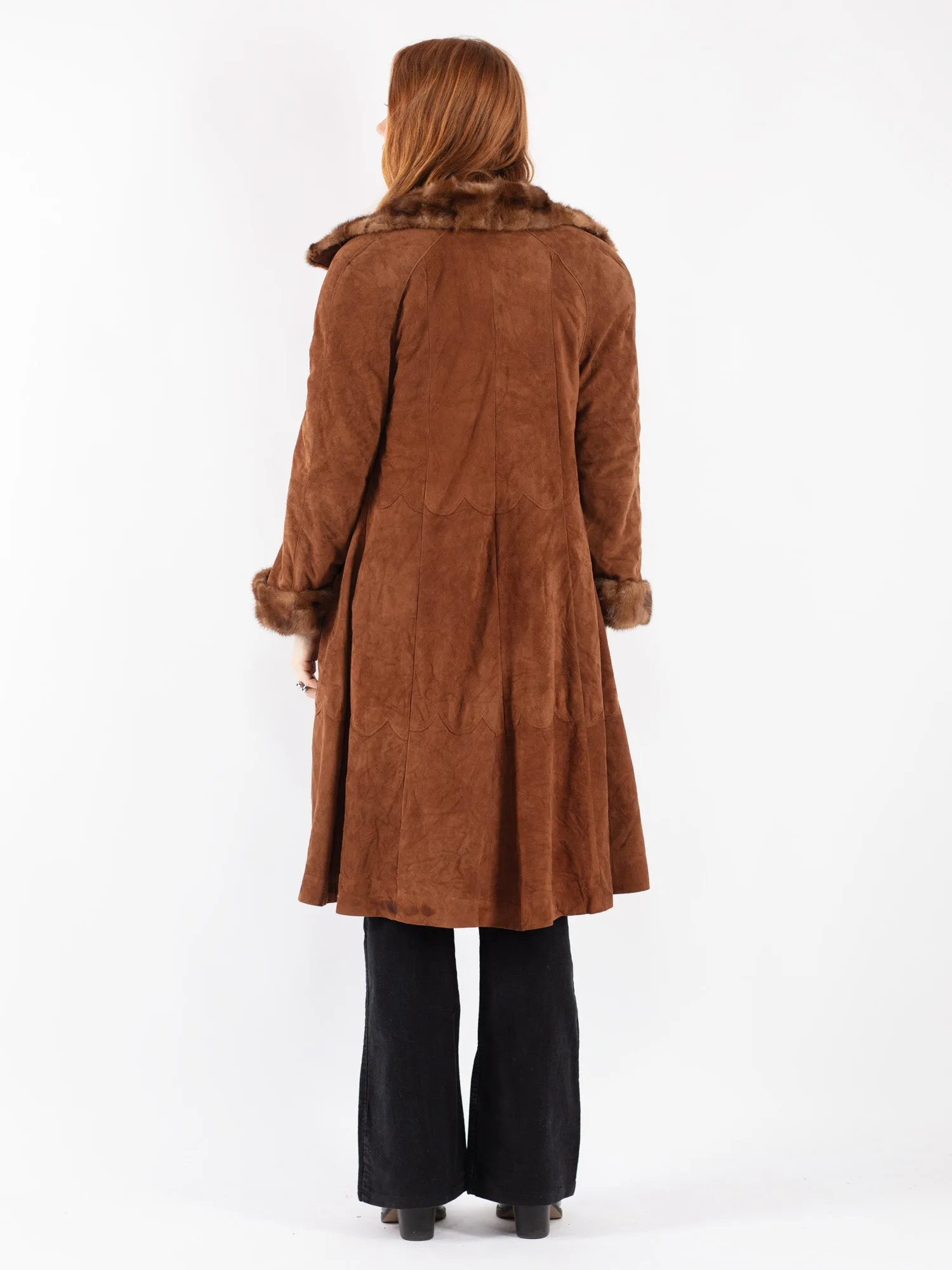 Vintage 90's Women Suede Fur Coat in Brown