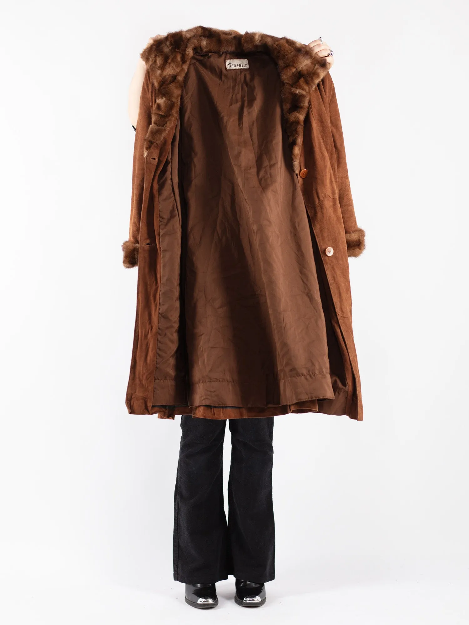 Vintage 90's Women Suede Fur Coat in Brown