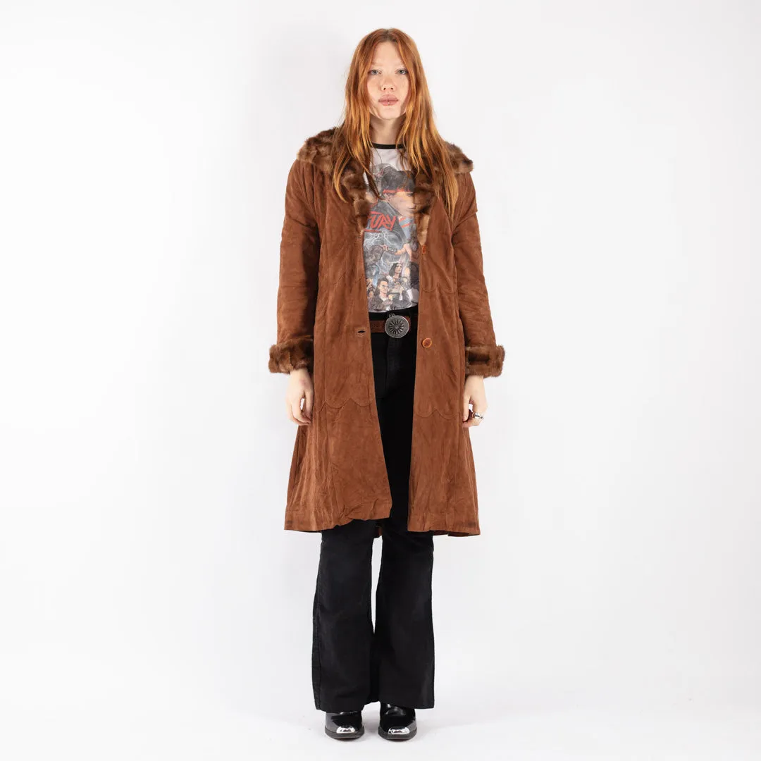 Vintage 90's Women Suede Fur Coat in Brown