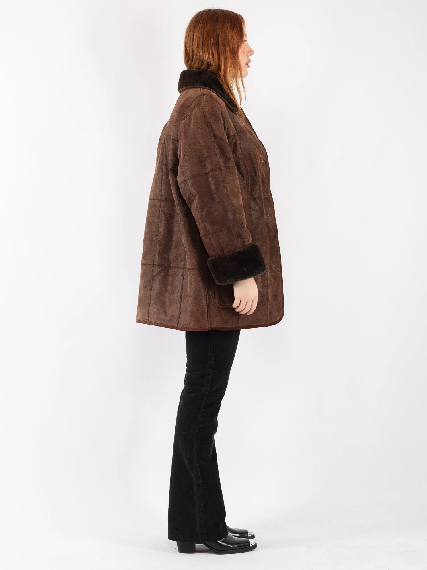 Vintage 90's Women Suede Sherpa Coat in Brown