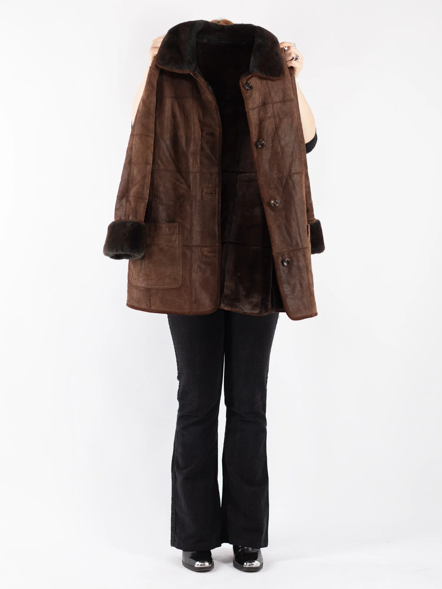 Vintage 90's Women Suede Sherpa Coat in Brown