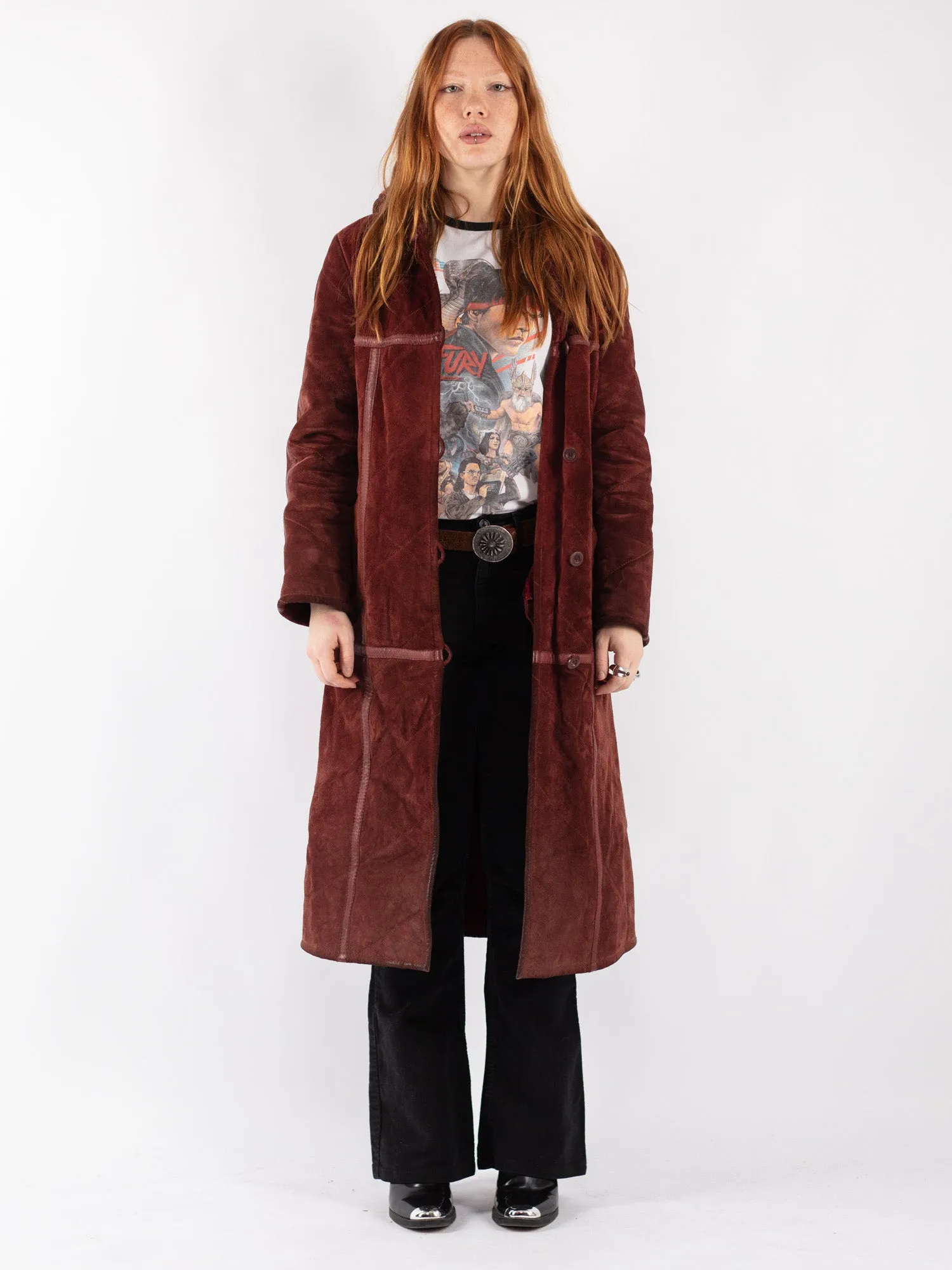 Vintage 90's Women Suede Sherpa Coat in Burgundy Red