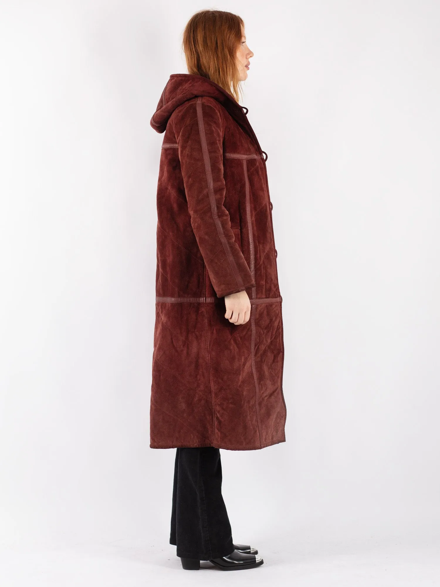 Vintage 90's Women Suede Sherpa Coat in Burgundy Red