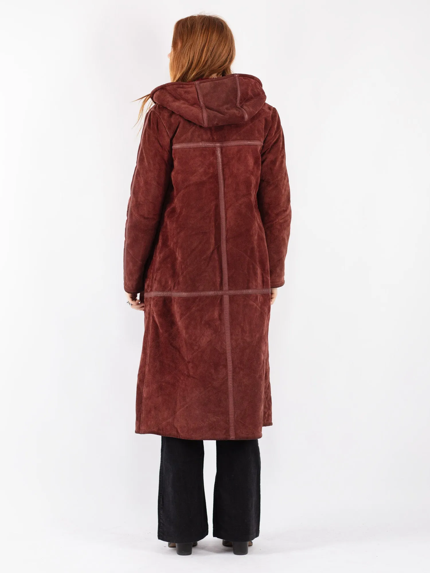 Vintage 90's Women Suede Sherpa Coat in Burgundy Red