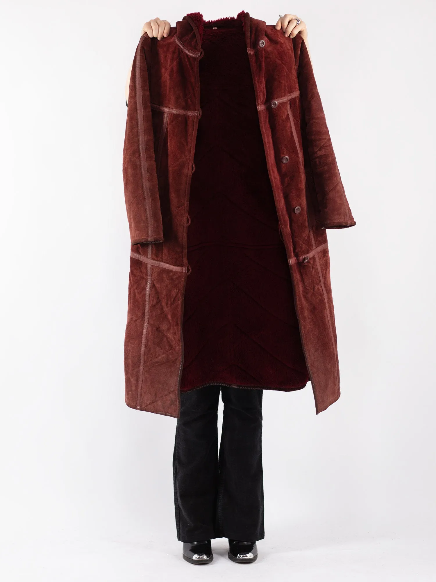 Vintage 90's Women Suede Sherpa Coat in Burgundy Red