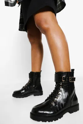 Wide Width Buckle Detail Lace Up Combat Boots