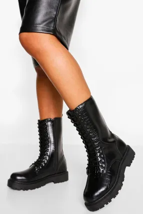 Wide Width Croc Calf High Chunky Combat Boots