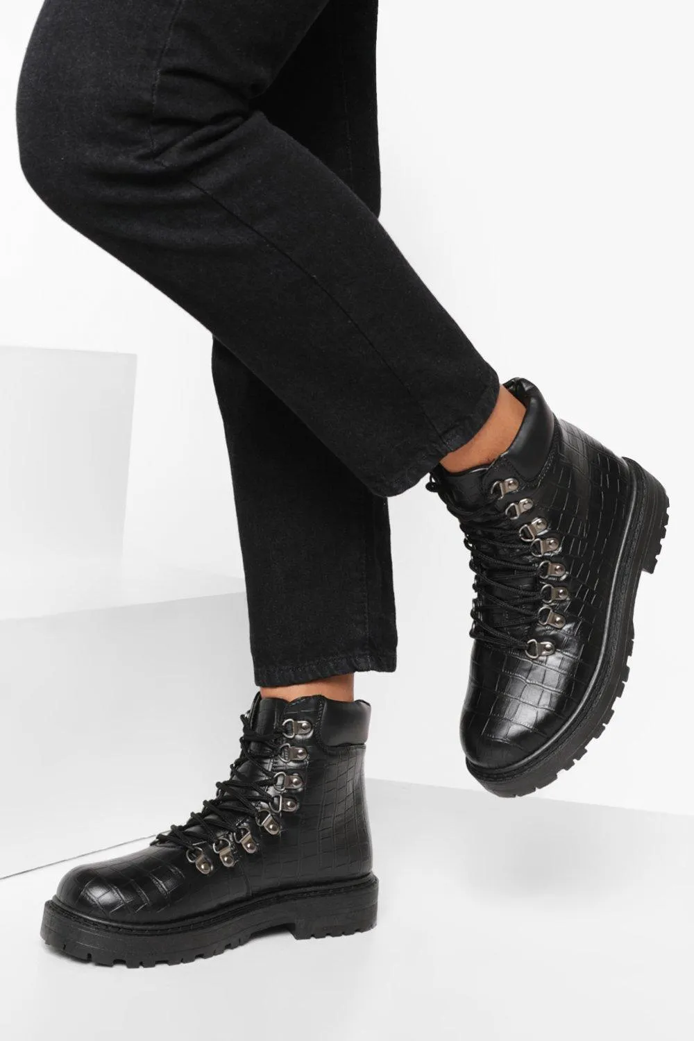 Wide Width Croc Lace Up Combat Boots