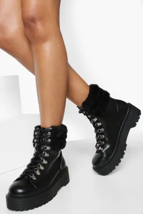 Wide Width Faux Fur Cuff Combat Boots