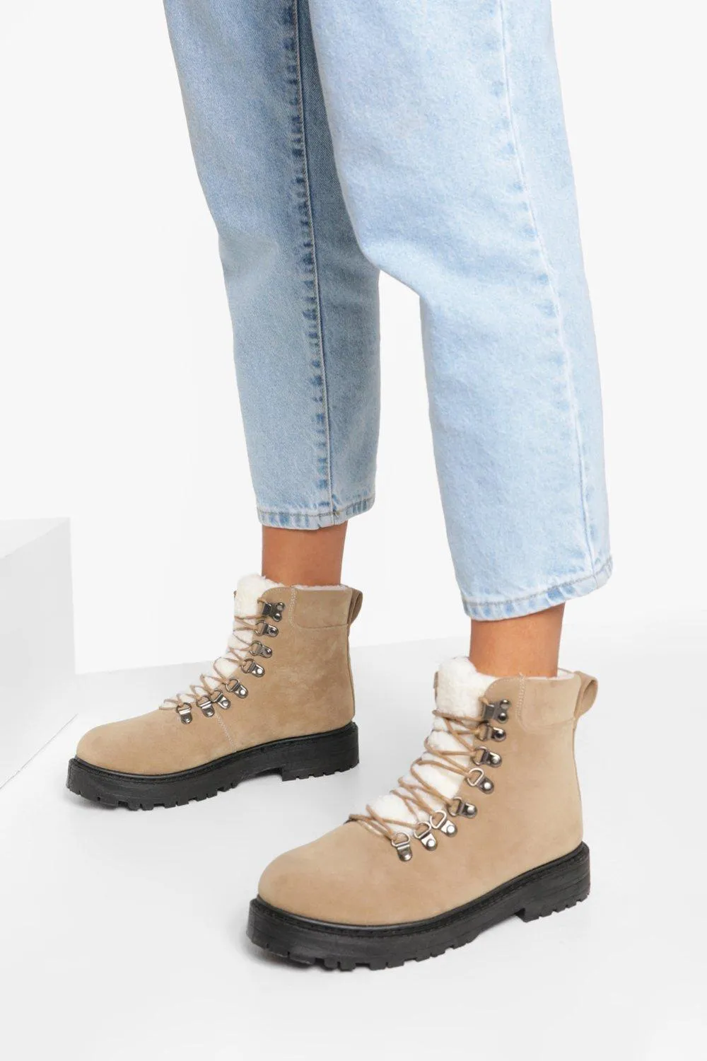 Wide Width Fur Trim Lace Up Combat Boots