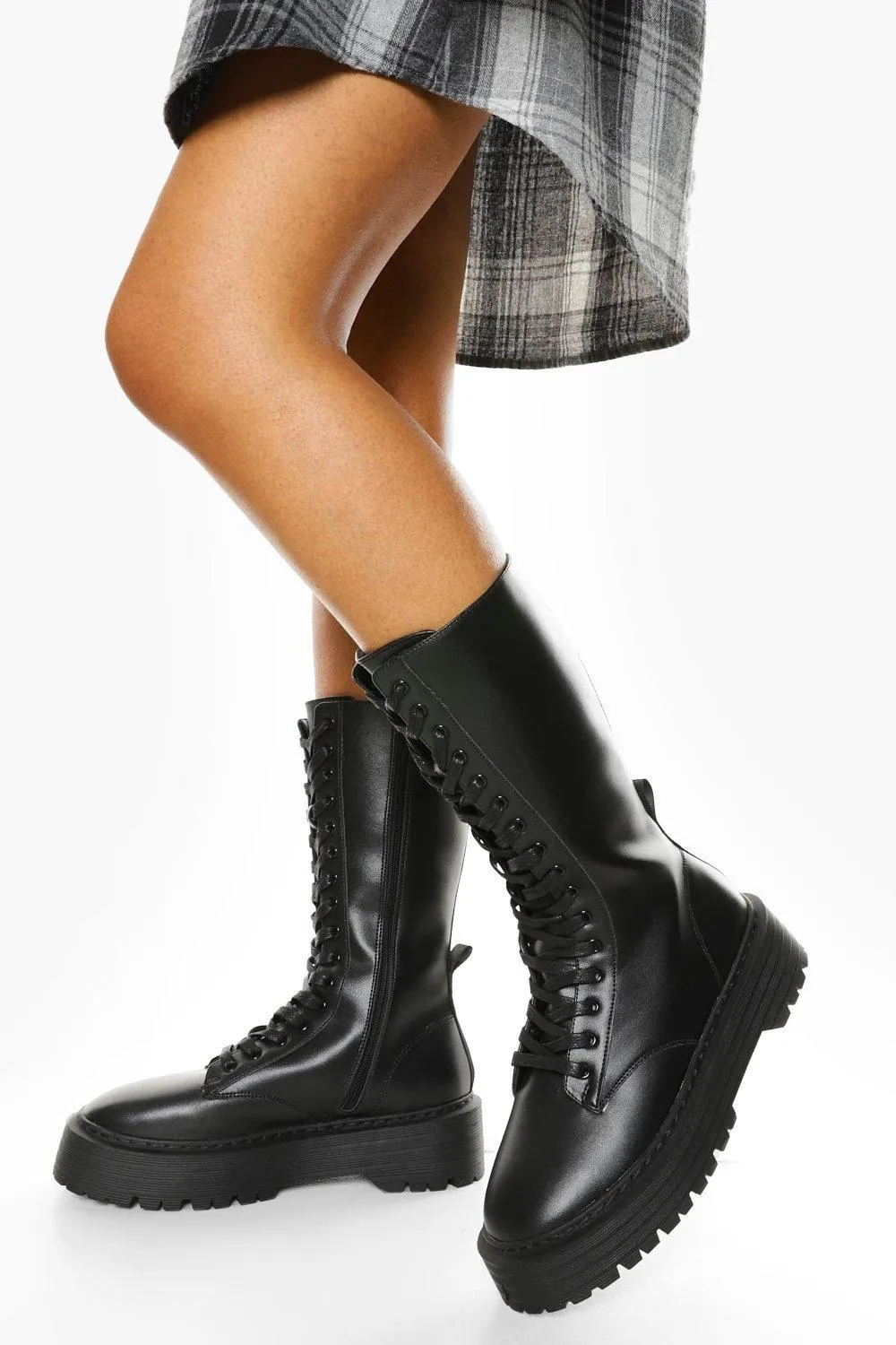 Wide Width Lace Front Chunky Knee High Combat Boots