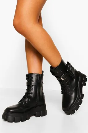 Wide Width Pouch Detail Chunky Sole Combat Boots