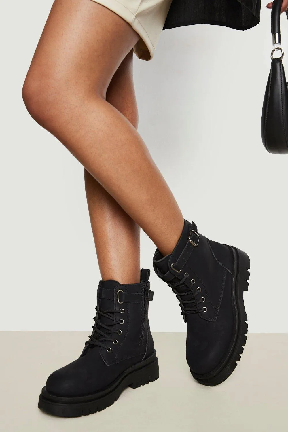 Wide Width Side Buckle Lace Up Combat Boots