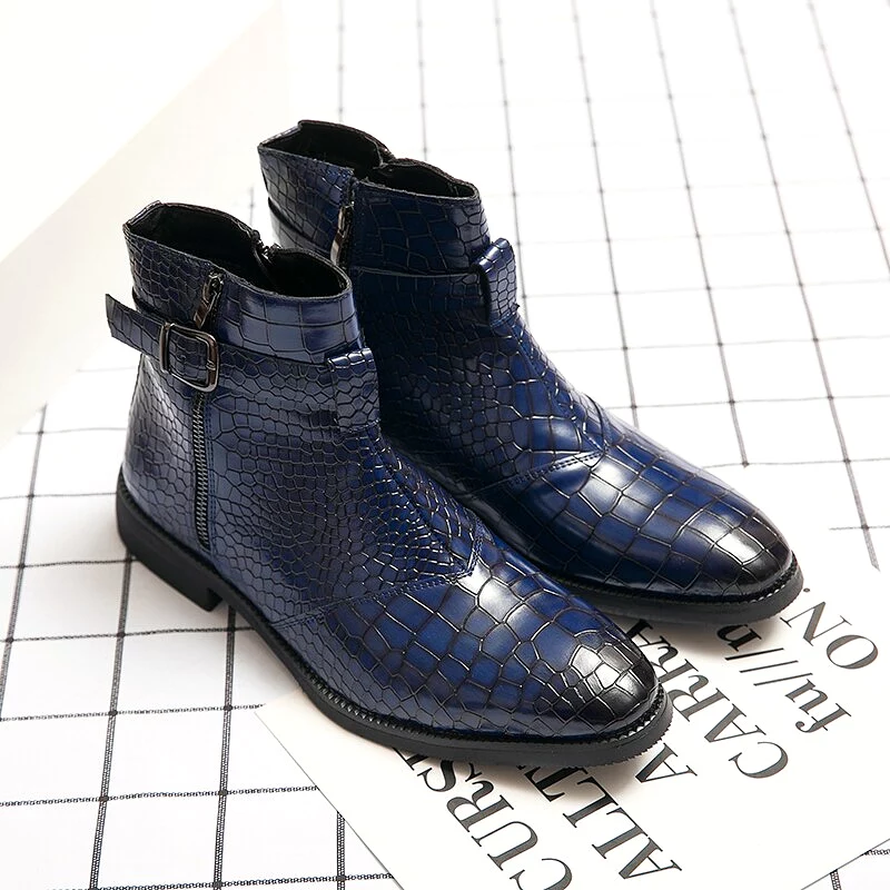 Winter Boots Crocodile Print Men Boots Side Zipper Fashion Ankle Boots Chelsea Boots Thick Sole Pointed Boots Blue Cowboy Boots