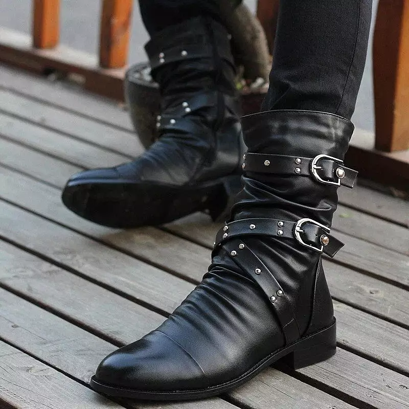 Winter Pointed Toe Men's Mid-calf Boots Buckle Strap Chelsea Boot for Men Leather Mens Motorcycle Boots High Top Man Winter Shoe