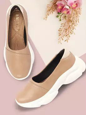 Women Beige Outdoor Fashion Stitched Design Slip On Shoes