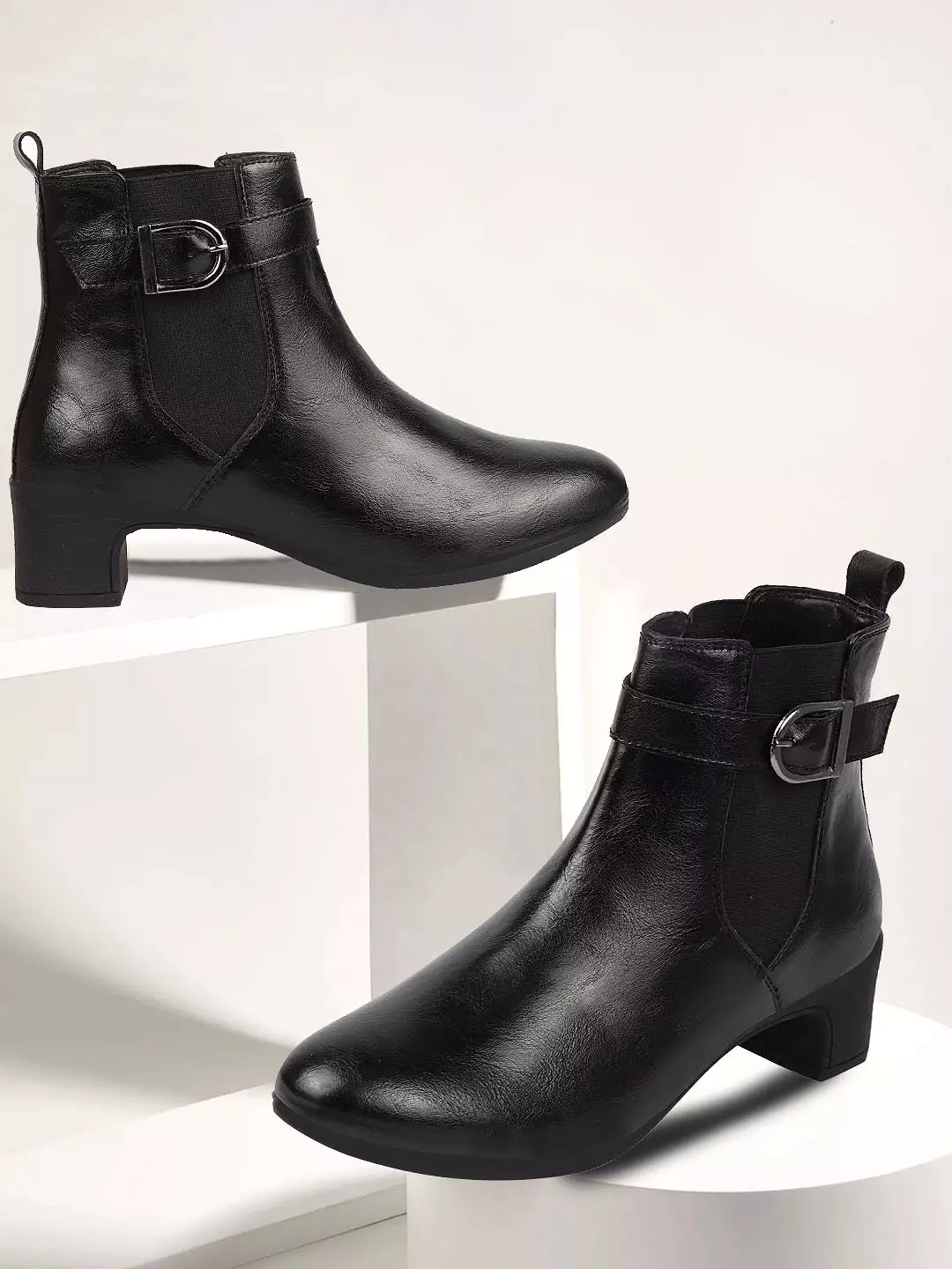 Women Black Flared Heel High Ankle Classic Winter Buckle Strap Chelsea Boots