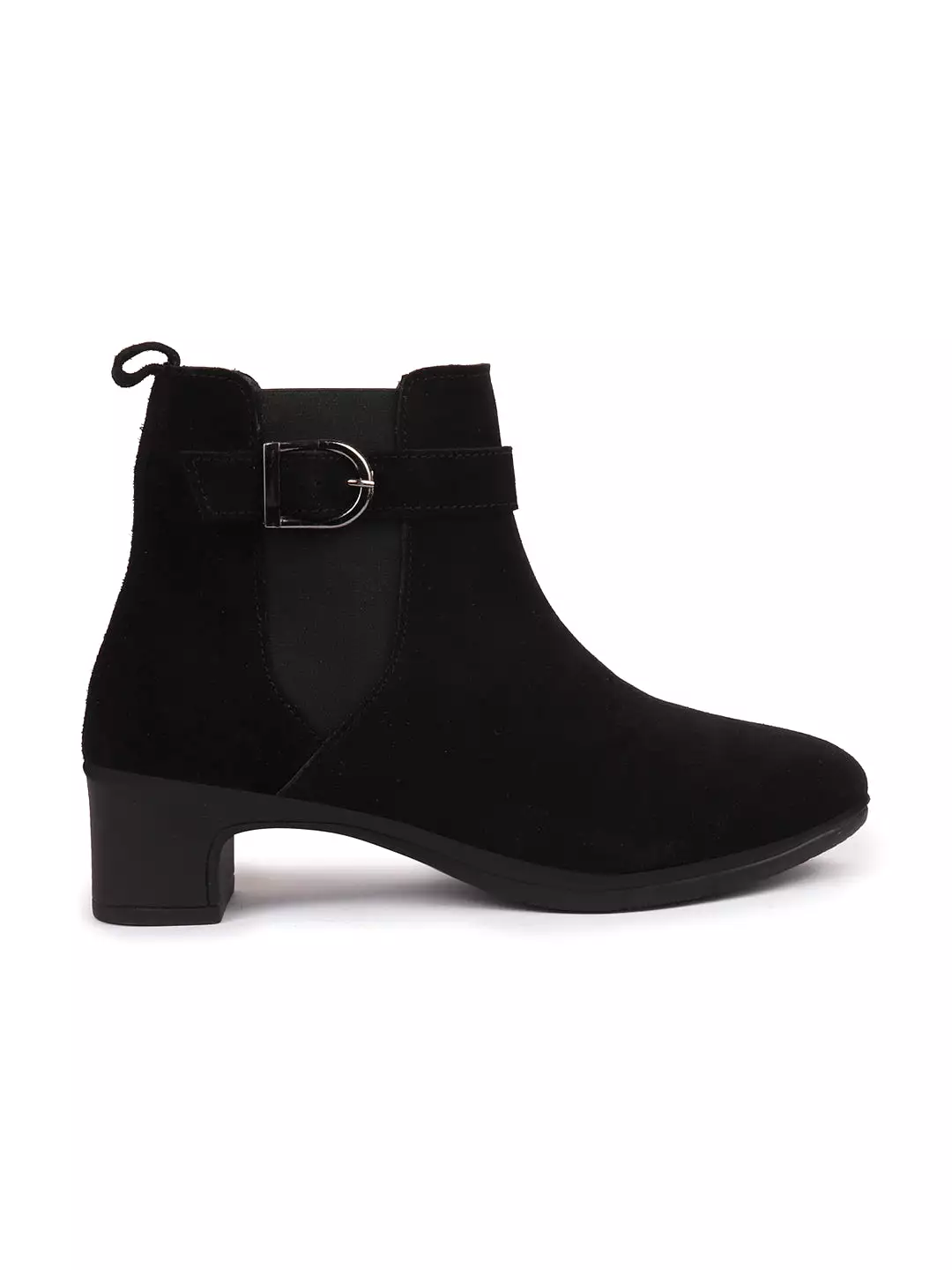 Women Black Flared Heel High Ankle Suede Leather Classic Winter Buckle Strap Chelsea Boots