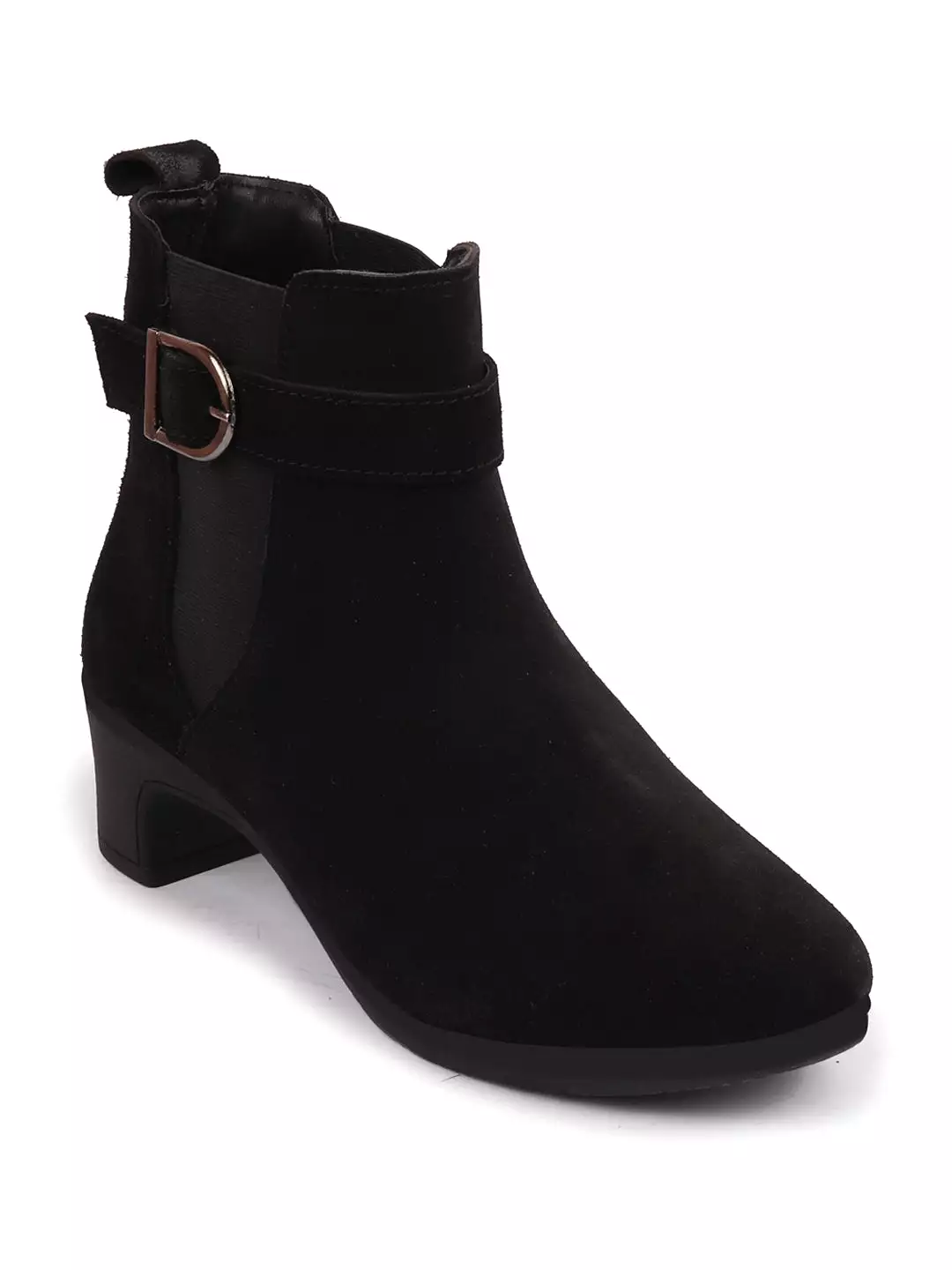 Women Black Flared Heel High Ankle Suede Leather Classic Winter Buckle Strap Chelsea Boots