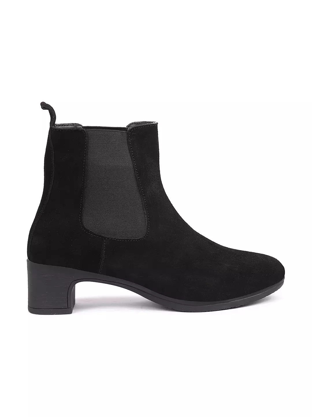 Women Black Flared Heel High Ankle Suede Leather Classic Winter Chelsea Boots