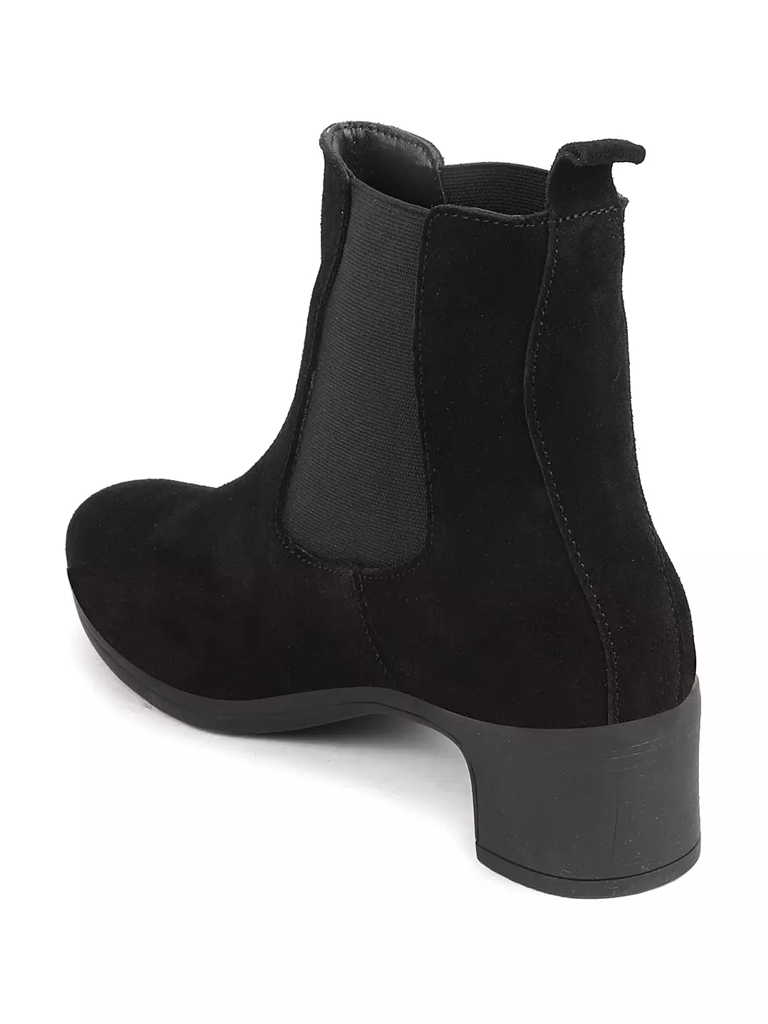 Women Black Flared Heel High Ankle Suede Leather Classic Winter Chelsea Boots