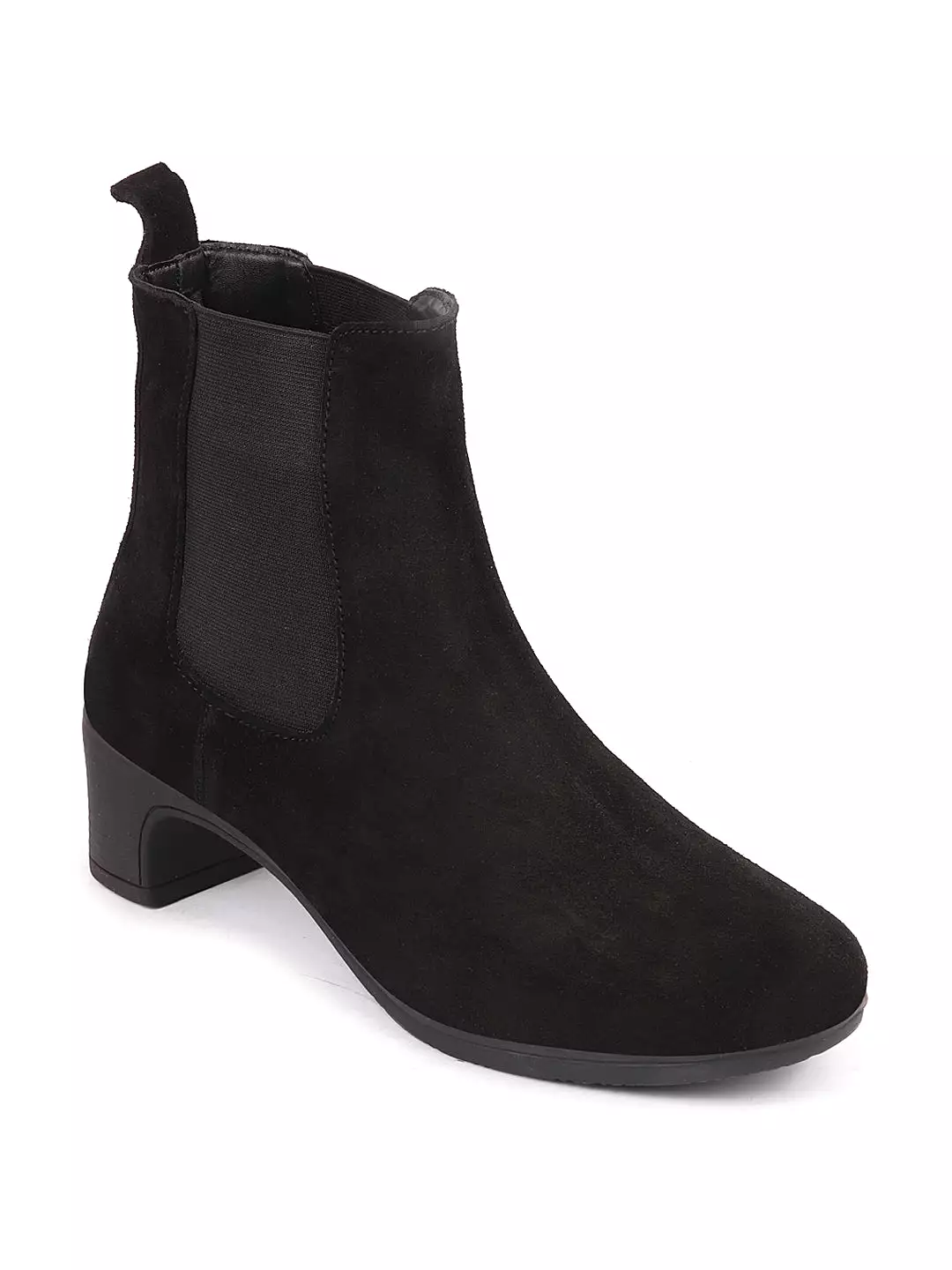 Women Black Flared Heel High Ankle Suede Leather Classic Winter Chelsea Boots