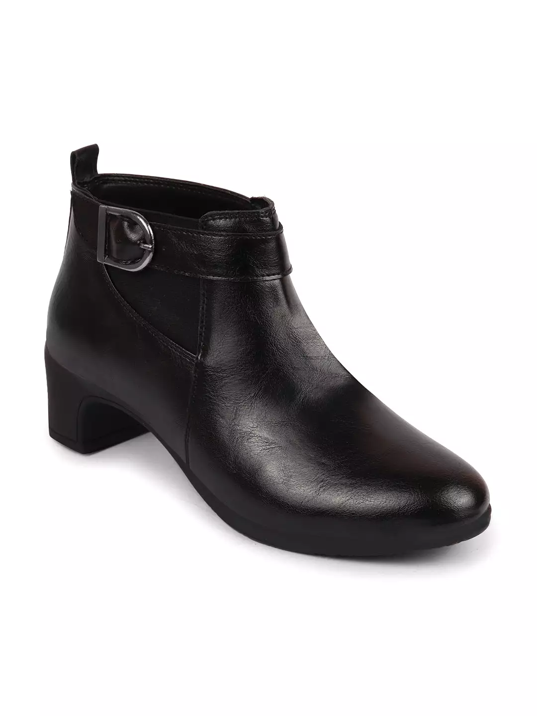 Women Black Flared Heel Mid Ankle Classic Winter Buckle Strap Chelsea Boots