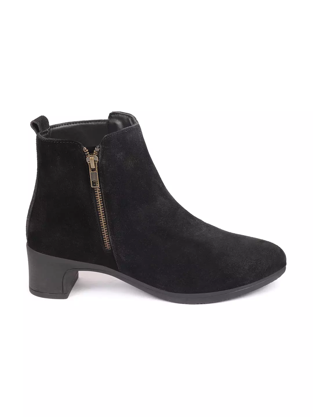 Women Black Flared Heel Mid Top Suede Leather Zipper Closure Winter Chelsea Boots