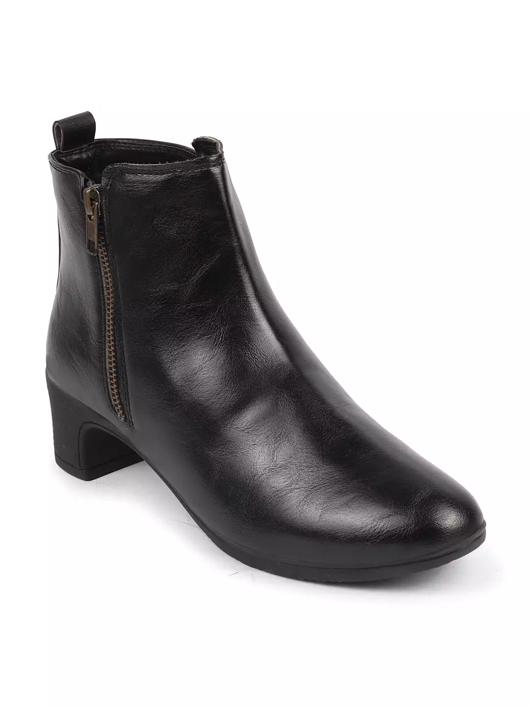 Women Black Mid Top Flared Heel Side Zipper Winter Classic Boots