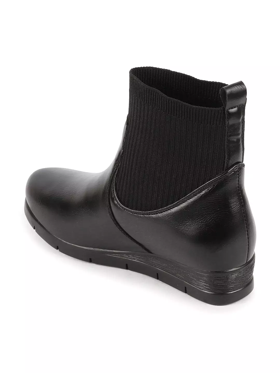 Women Black Mid Top Socks Collar Slip On Broad Feet Wedge Heel Work Boots