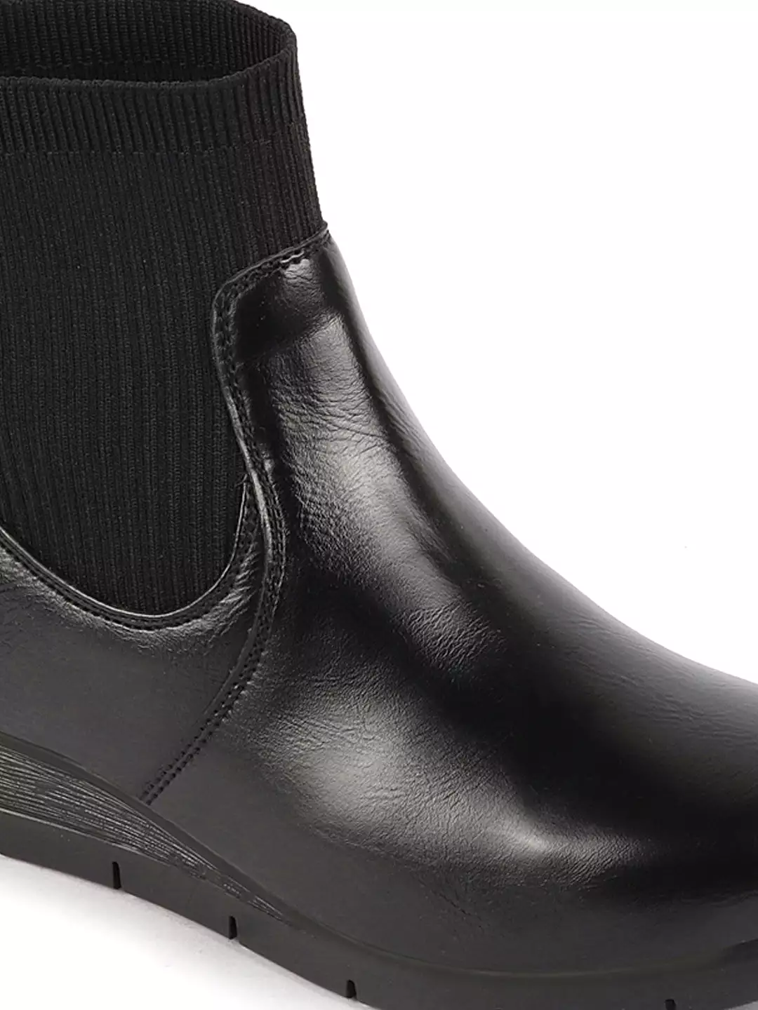 Women Black Mid Top Socks Collar Slip On Broad Feet Wedge Heel Work Boots