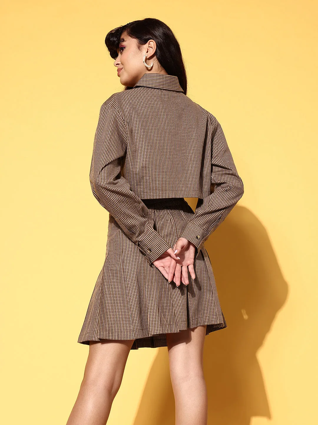 Women Brown Check Crop Shirt With Mini Skirt