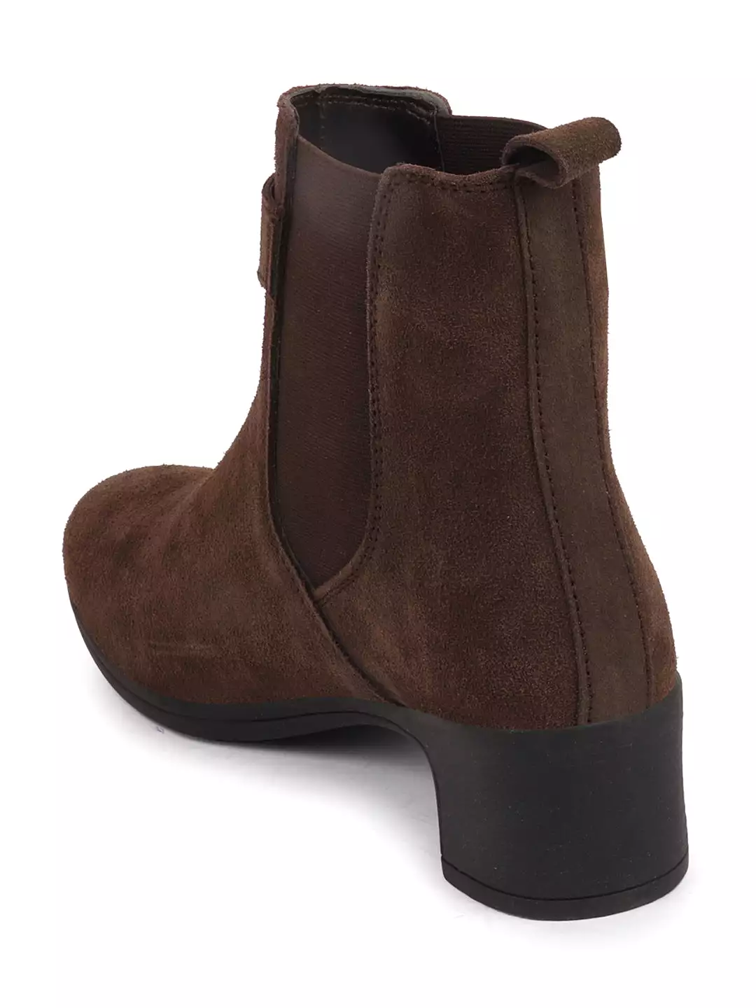 Women Brown Flared Heel High Ankle Suede Leather Classic Winter Buckle Strap Chelsea Boots