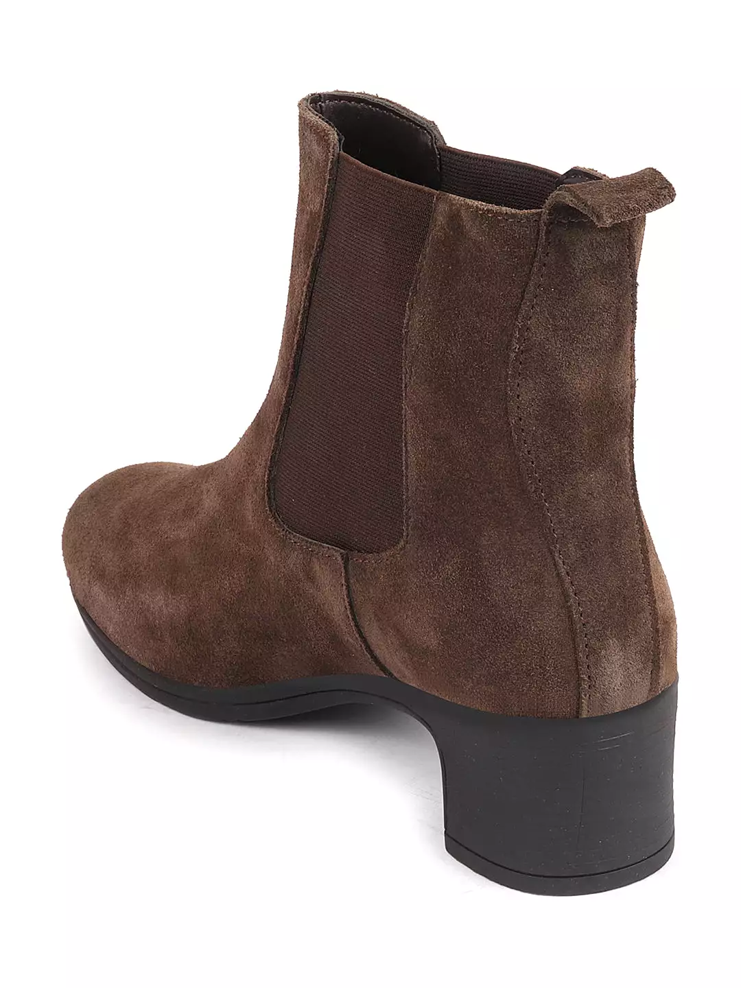 Women Brown Flared Heel High Ankle Suede Leather Classic Winter Chelsea Boots