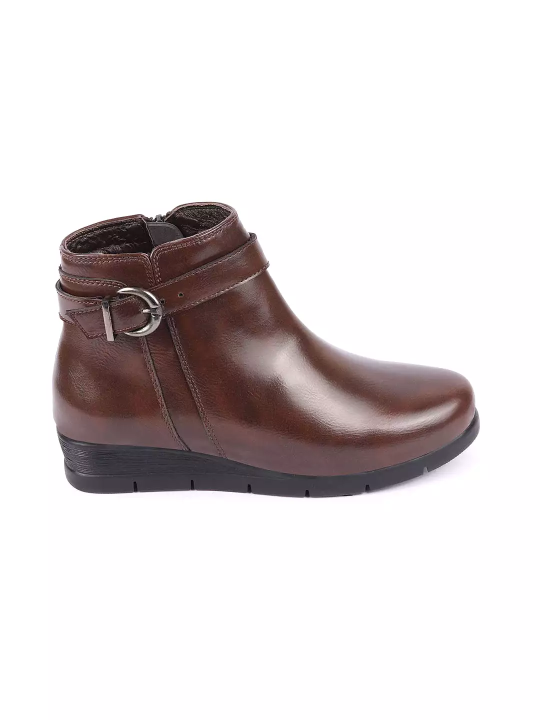 Women Brown High Ankle Broad Feet Side Zipper Closure Casual Buckle Boots