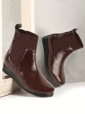 Women Brown Mid Top Socks Collar Broad Feet Slip On Wedge Heel Chelsea Boots