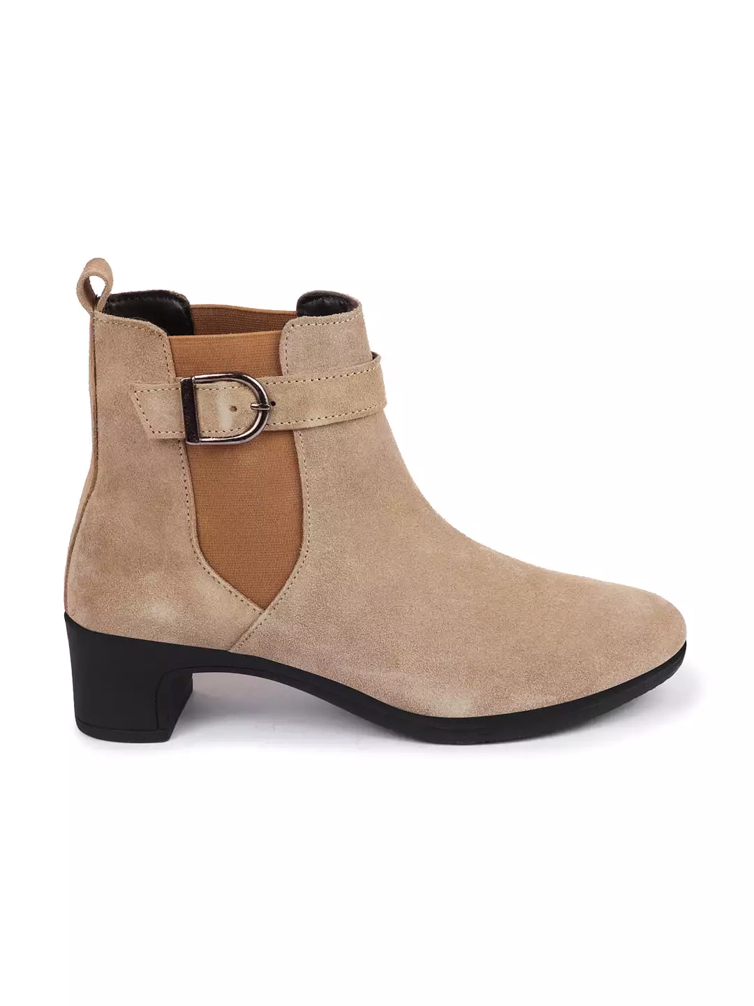 Women Cheeku Flared Heel High Ankle Suede Leather Classic Winter Buckle Strap Chelsea Boots