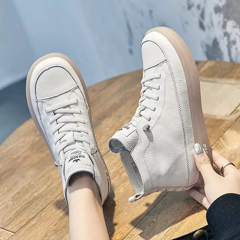 Women Genuine Leather Sneakers Spring High-top Casual Shoes Autumn First Layer Cowhide Ladies High Top Vulcanized Shoes