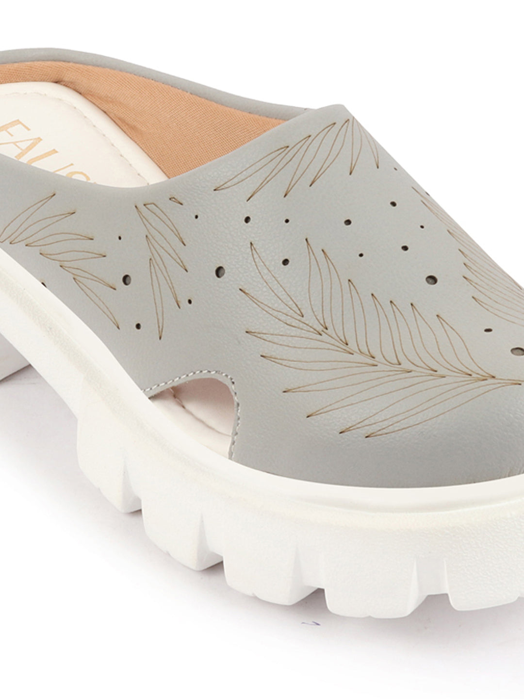 Women Grey Fashion Outdoor Leaf Print Laser Cut Design Open Back Slip On Casual Shoes