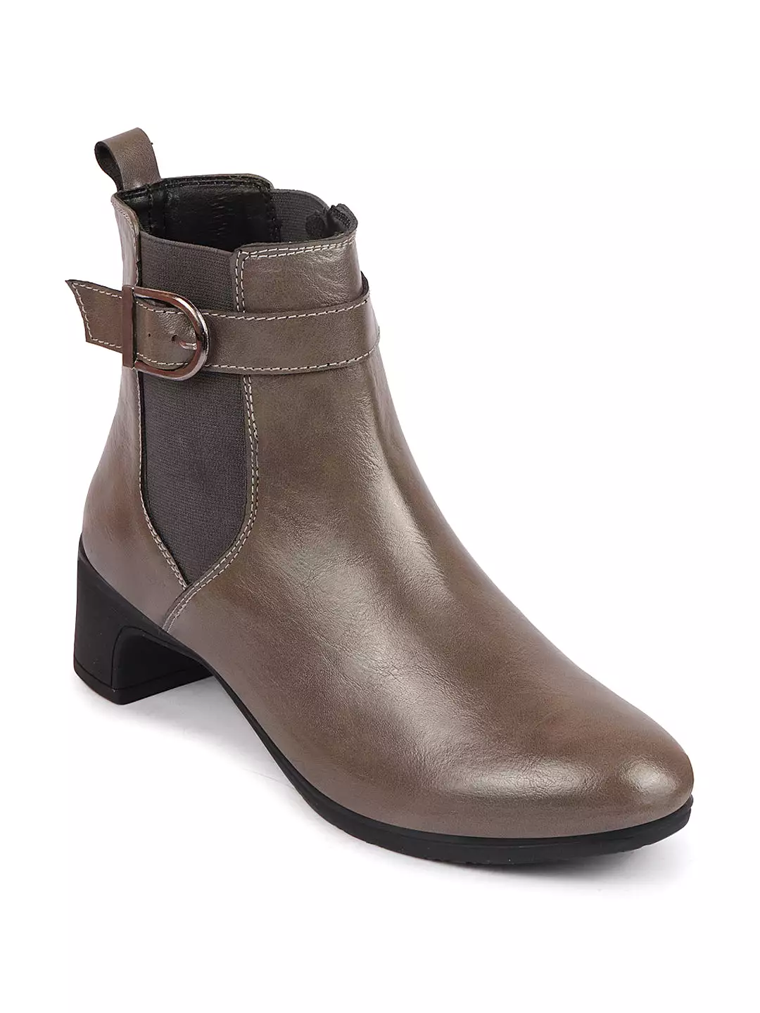 Women Grey Flared Heel High Ankle Classic Winter Buckle Strap Chelsea Boots