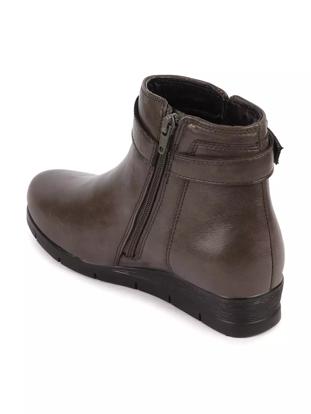 Women Grey High Ankle Broad Feet Side Zipper Closure Casual Buckle Boots