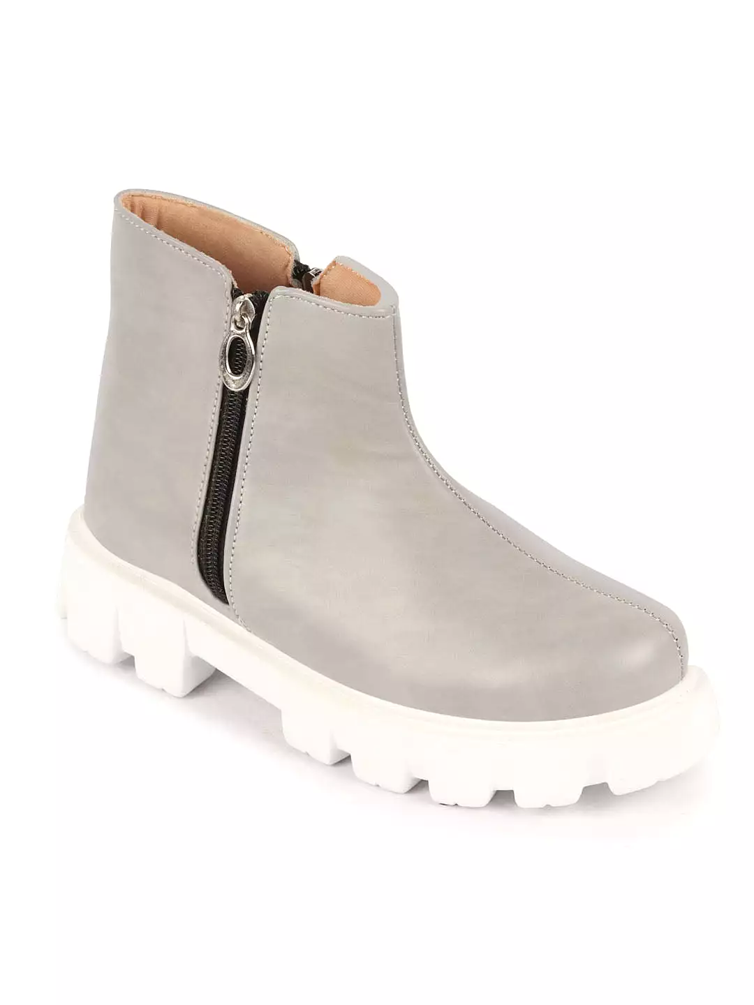 Women Grey Outdoor High Top Chunky Side Zipper Office Work Boots