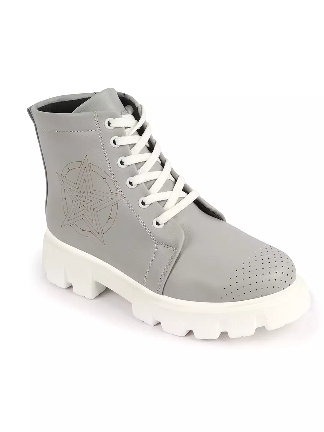 Women Grey Outdoor Winter High Top Chunky Lace Up Casual Boots