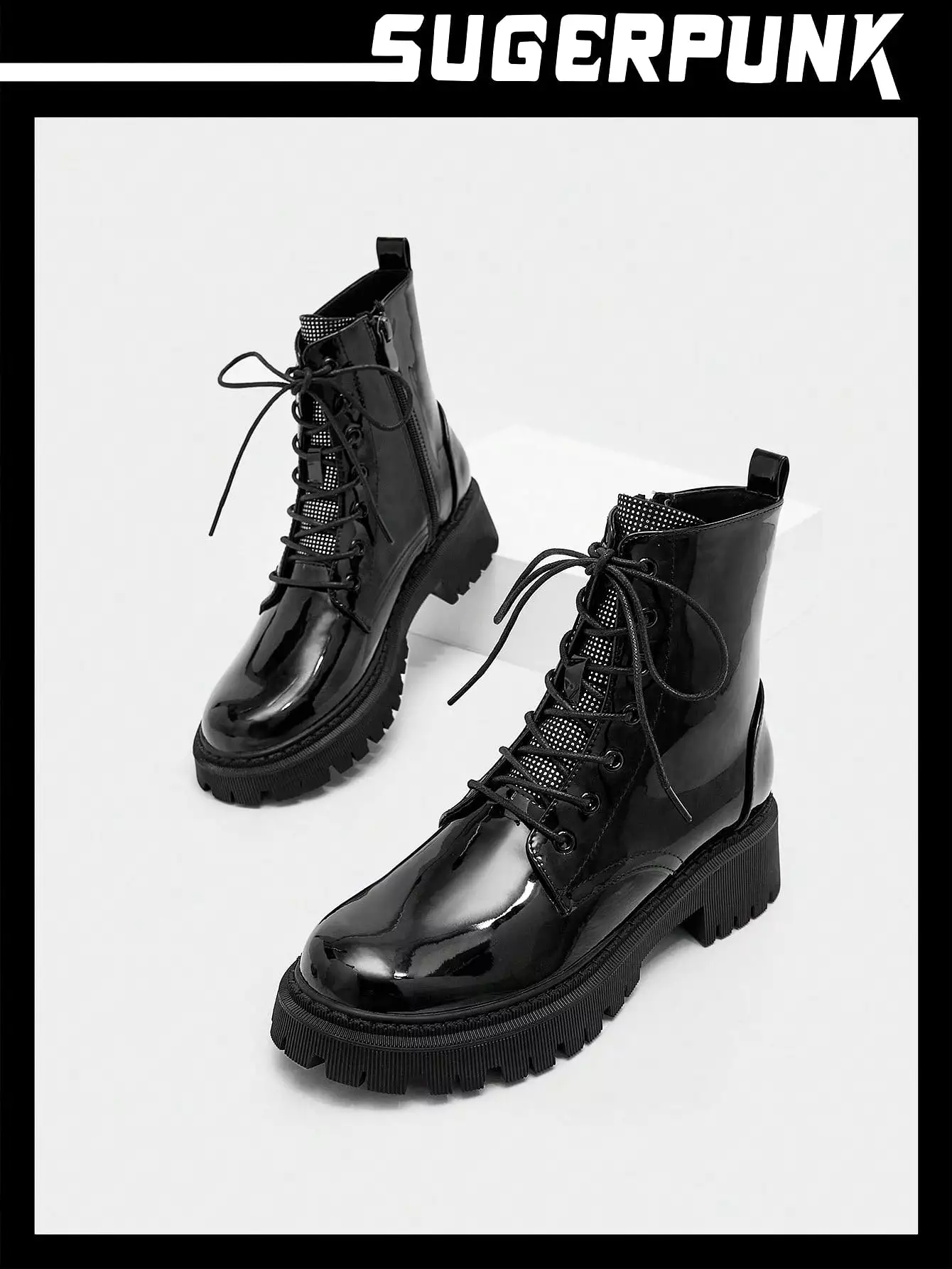 Women Lace Up Zipper Side Boots, Punk Black Combat Boots For Outdoor