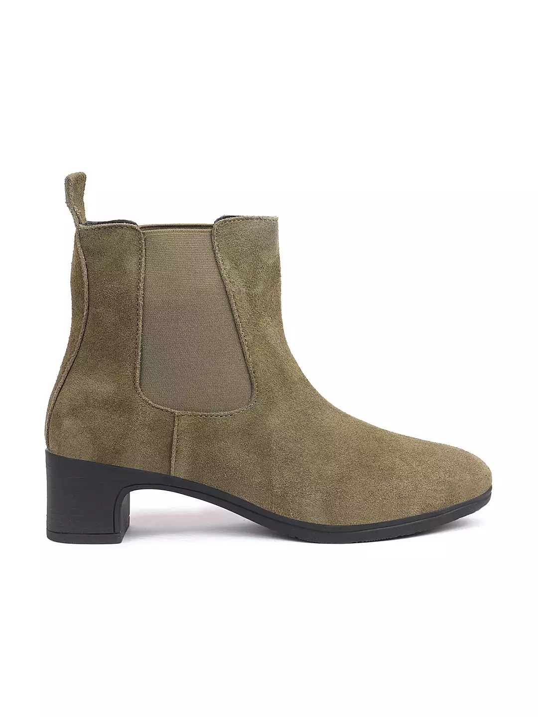 Women Olive Flared Heel High Ankle Suede Leather Classic Winter Chelsea Boots