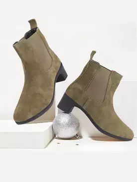 Women Olive Flared Heel High Ankle Suede Leather Classic Winter Chelsea Boots