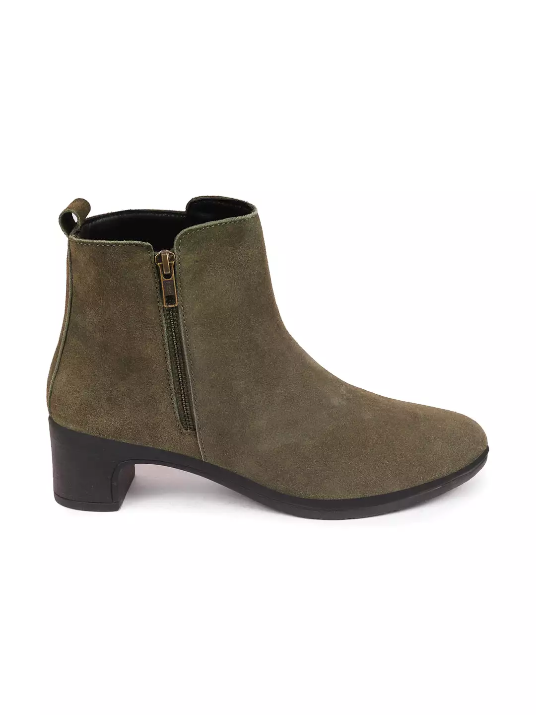 Women Olive Flared Heel Mid Top Suede Leather Zipper Closure Winter Chelsea Boots