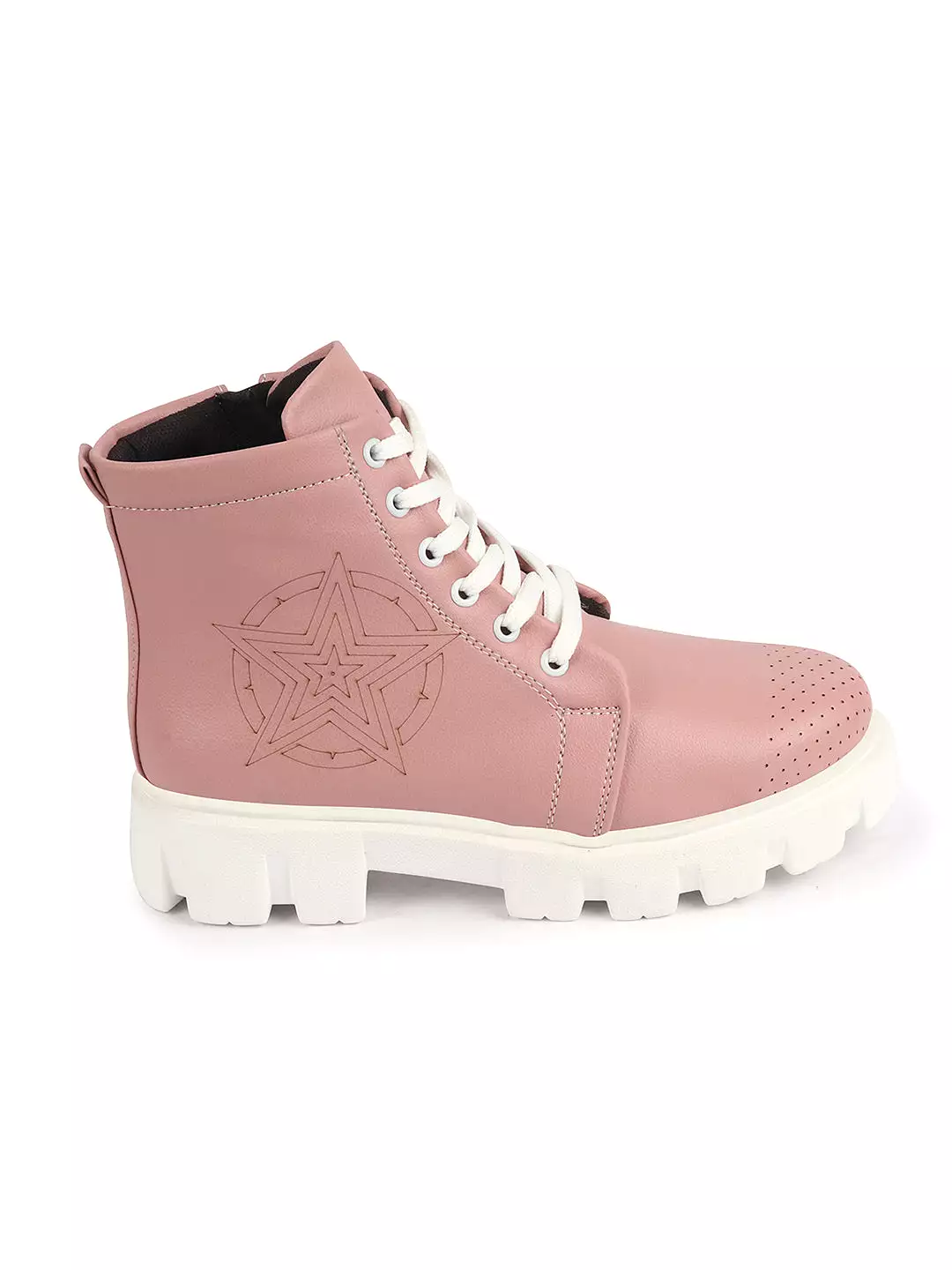 Women Peach Outdoor Winter High Top Chunky Lace Up Casual Boots