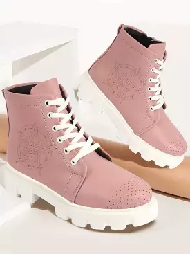 Women Peach Outdoor Winter High Top Chunky Lace Up Casual Boots