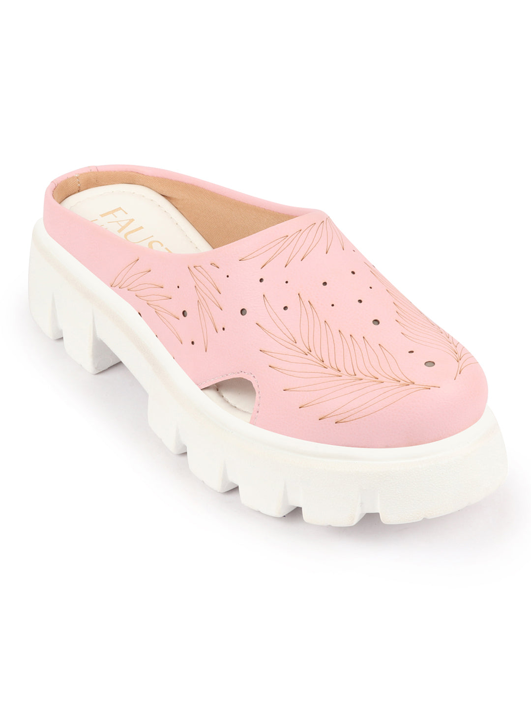 Women Pink Fashion Outdoor Leaf Print Laser Cut Design Open Back Slip On Casual Shoes